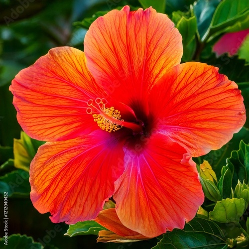 Wallpaper Mural A close-up of vibrant hibiscus flowers in full bloom, showcasing rich colors such as red, pink, yellow, and orange. Torontodigital.ca