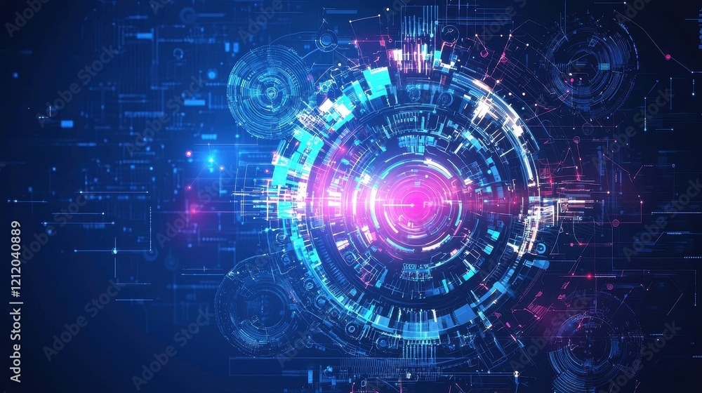 Abstract futuristic technology background with glowing lines and shapes in blue and pink tones, representing digital innovation and connectivity in a virtual space Abstract futuristic technology background with glowing lines and shapes in blue and pink tones, representing digital innovation and connectivity in a virtual space