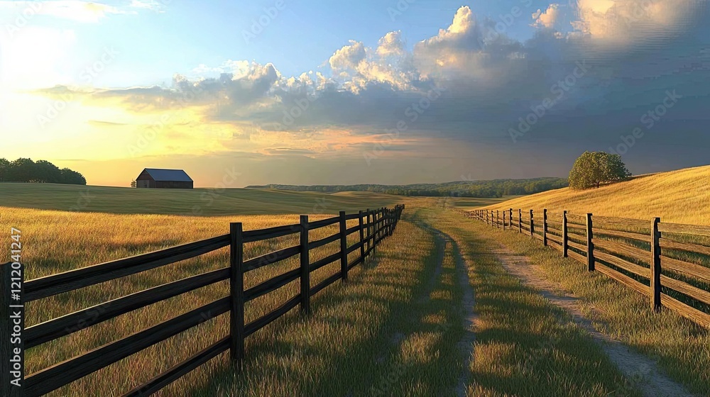 Fototapeta premium Hilly farmland at golden hour with long shadows cast by fences and barns, pastel hues blending natural and rural charm