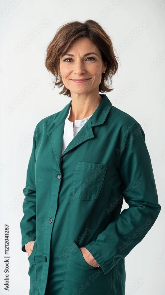 smiling 45-year-old woman wearing a forest green lab coat, relaxed pose, looking directly at the lens, white neutral background, laboratory theme
