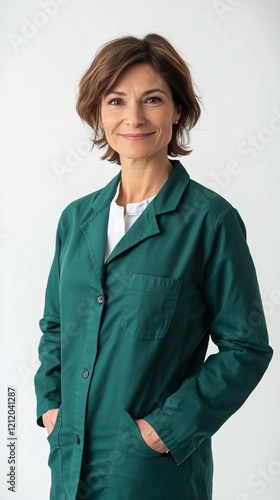 Obraz na płótnie smiling 45-year-old woman wearing a forest green lab coat, relaxed pose, looking directly at the lens, white neutral background, laboratory theme w salonie