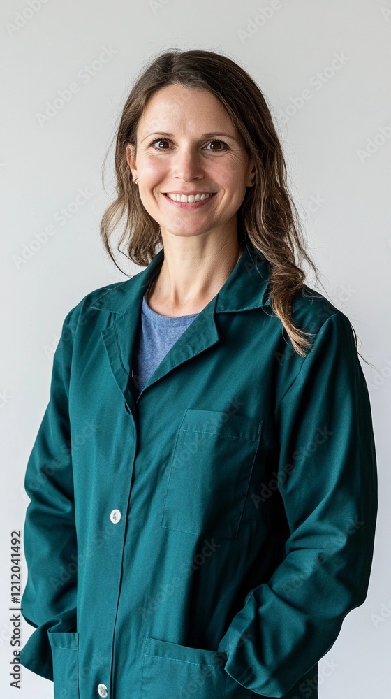 professional female lab technician, aged 45, wearing a dark green lab coat, smiling gently, bright white backdrop, engaging eye contact, clean style professional female lab technician, aged 45, wearing a dark green lab coat, smiling gently, bright white backdrop, engaging eye contact, clean style