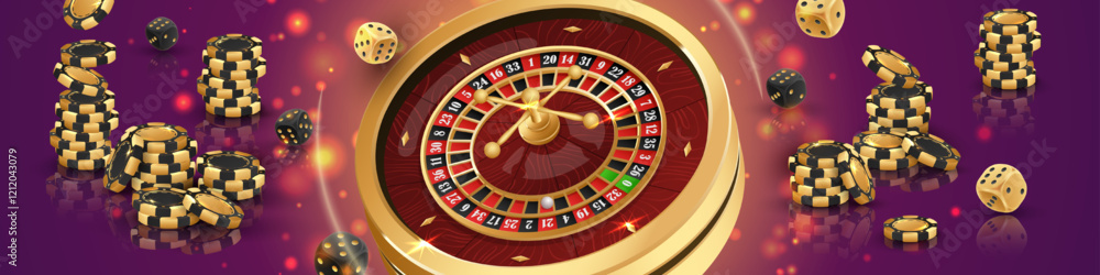 Banner with Golden casino roulette, wheel with flying black poker chips, tokens, playing cards, dices, around on purple background with lights, bokeh. Vector illustration for design, advertising Banner with Golden casino roulette, wheel with flying black poker chips, tokens, playing cards, dices, around on purple background with lights, bokeh. Vector illustration for design, advertising