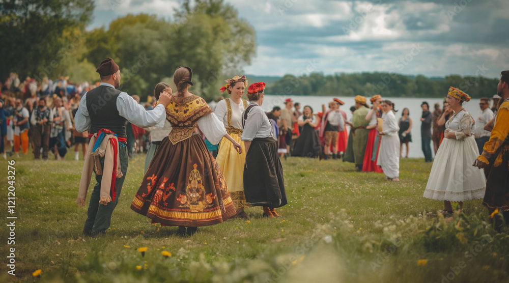 Traditional Slavic Dance Festival by the Lakeside in a Vibrant Village Setting Traditional Slavic Dance Festival by the Lakeside in a Vibrant Village Setting