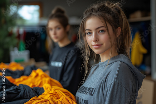 Friends organizing clothes by color and size for a local donation drive. Bright lighting, contrast photo