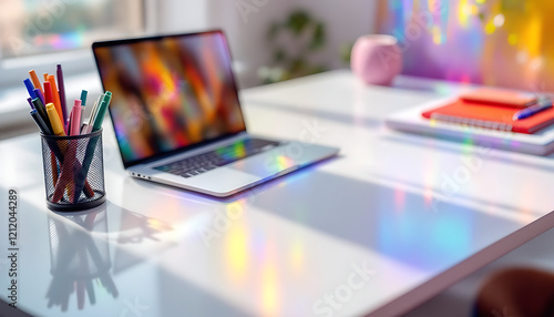 Bright Workspace Laptop Desk Setup with Colorful Pens