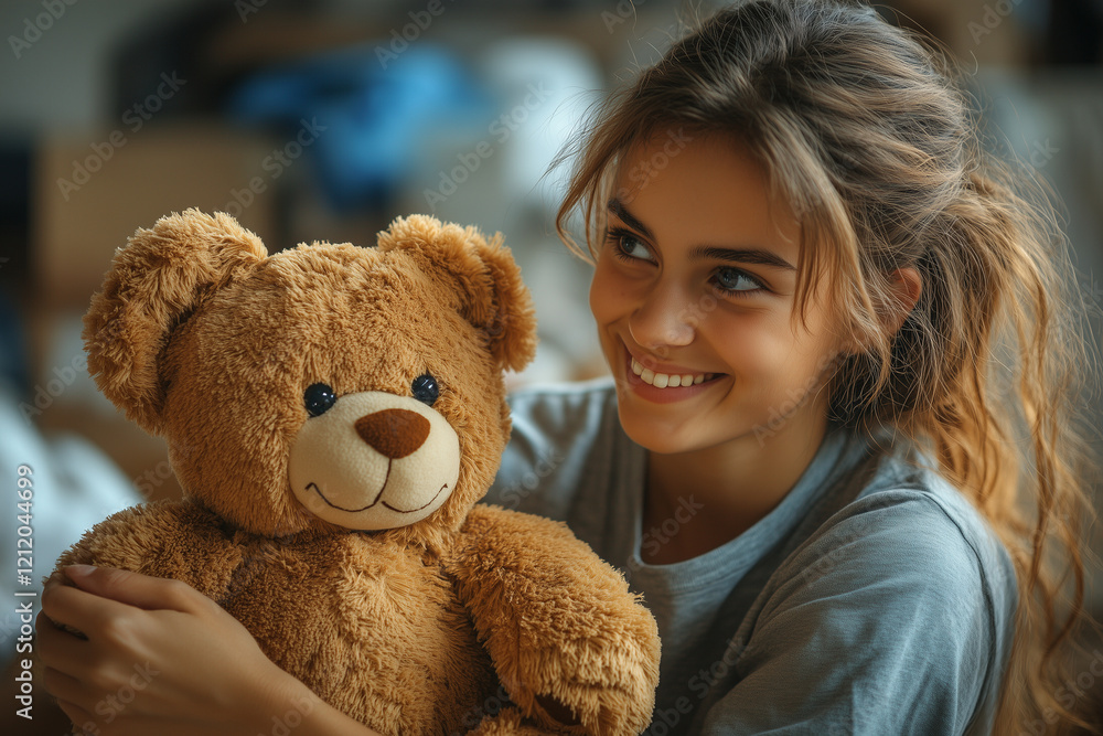 A volunteer handing a stuffed animal to a young child in a relief shelter. Bright lighting, contrast