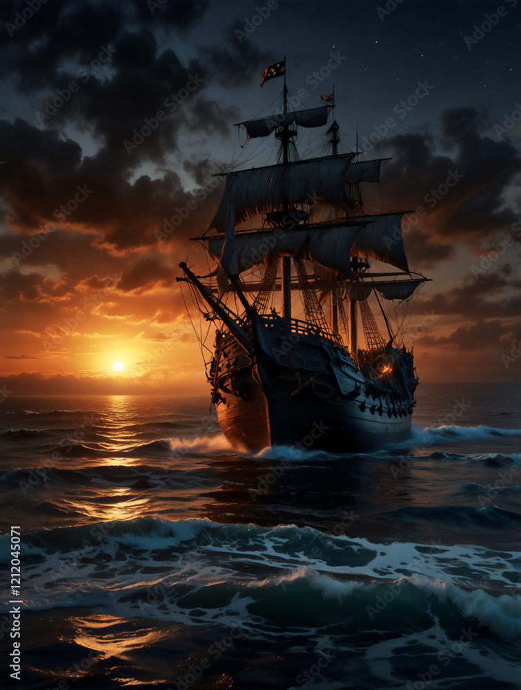 Obraz premium ship in ocean in the sunset