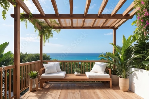 Tropical Balcony Design With Wooden Pergola