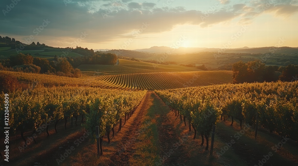 Naklejka premium A scenic vineyard stretching into the distance, with rolling hills and soft sunlight creating a warm atmosphere,