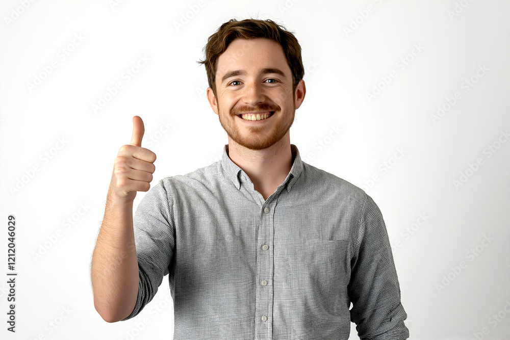 Smiling man giving thumbs up, positive gesture, approval, happy expression Smiling man giving thumbs up, positive gesture, approval, happy expression