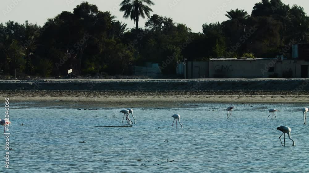 Group of flamingos wading and feeding on Nurana island Group of flamingos wading and feeding on Nurana island