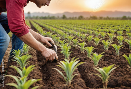 Campesino trabajando en cultivo de piñas jóvenes al amanecer con fondo de campo y montañas. photo