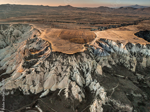 Drone View of Love Valley with Chimney and Phallus Shaped Rocks at Sunset, Cappadocia, Turkey photo