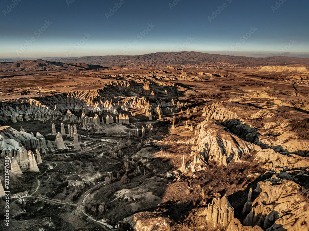 Drone View of Love Valley with Chimney and Phallus Shaped Rocks at Sunset, Cappadocia, Turkey