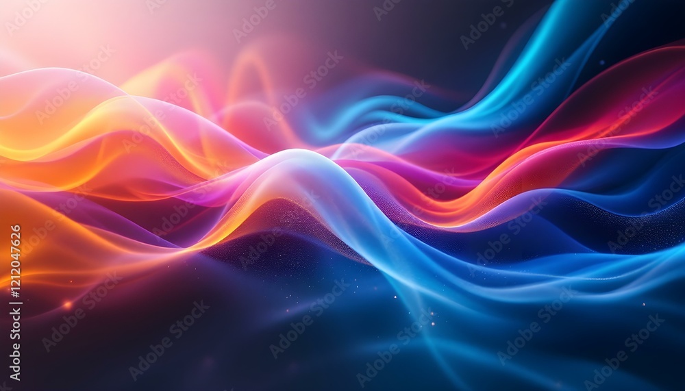 Fototapeta premium Dynamic abstract wallpaper featuring vibrant neon pink, electric blue, and glowing orange hues blending seamlessly with smooth gradients and subtle light effects, evoking a fluid, smoke-like motion.