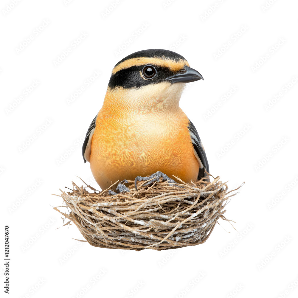 Fototapeta premium Orange-breasted Bushshrike Perched on Nest - Close-up Studio Shot