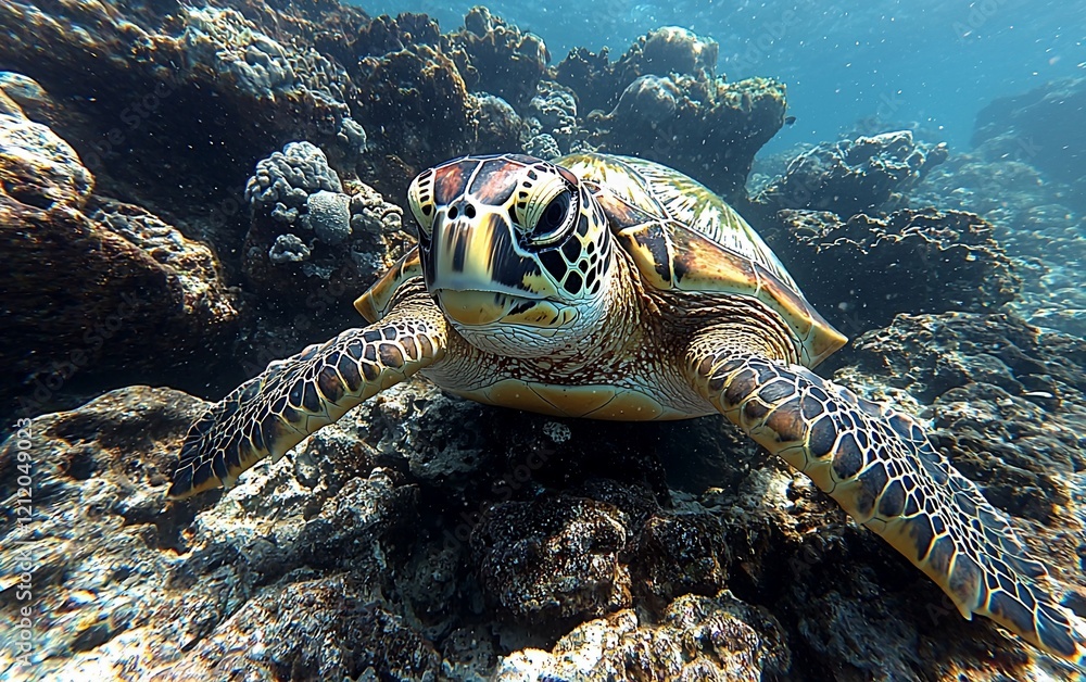 Fototapeta premium Underwater close-up of a sea turtle on a coral reef.