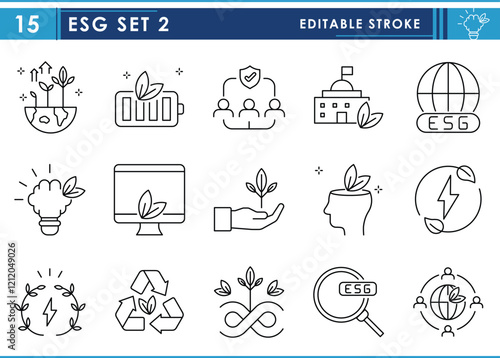 A set of line icons related to ESG. Environment, social, energy, clean, people, and so on. Vector editable stroke.