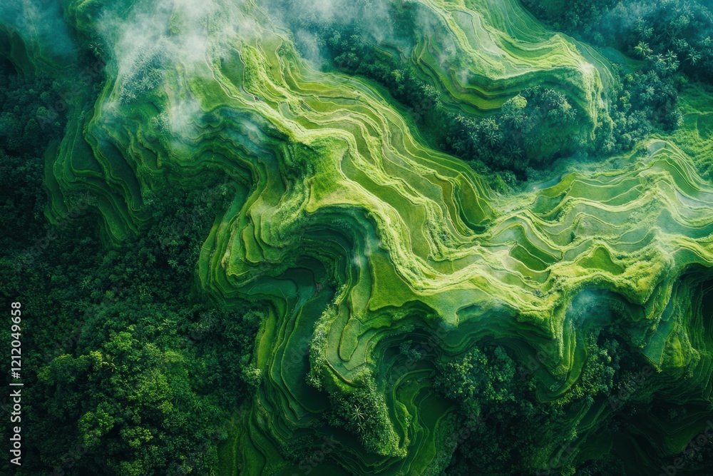 Aerial view of a terraced rice field in a tropical region, with vibrant green patterns covering the hills, Aerial view of a terraced rice field in a tropical region, with vibrant green patterns covering the hills,