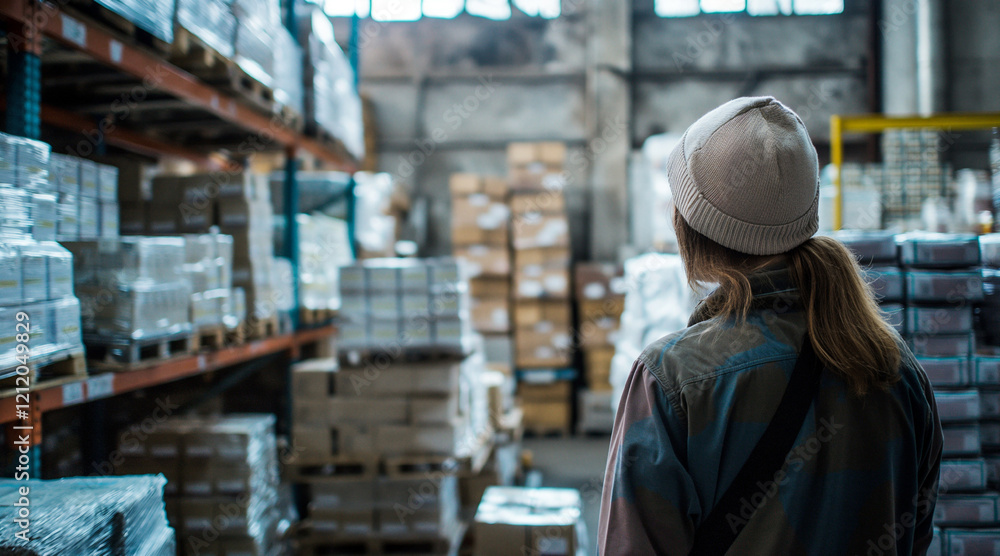 Warehouse Worker Facing Stacked Boxes Amid Late Deliveries in Industrial Setting Warehouse Worker Facing Stacked Boxes Amid Late Deliveries in Industrial Setting
