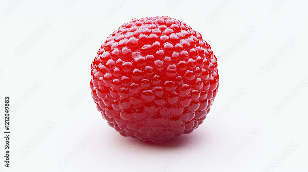 Bright red raspberry on a white surface showcasing its textured surface and plump shape Bright red raspberry on a white surface showcasing its textured surface and plump shape
