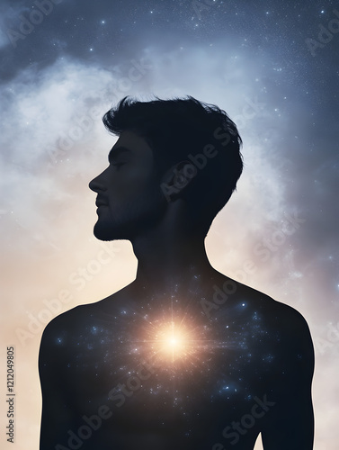 A silhouette of a person with a glowing light inside their chest, surrounded by healing energy symbols, symbolizing emotional health.


