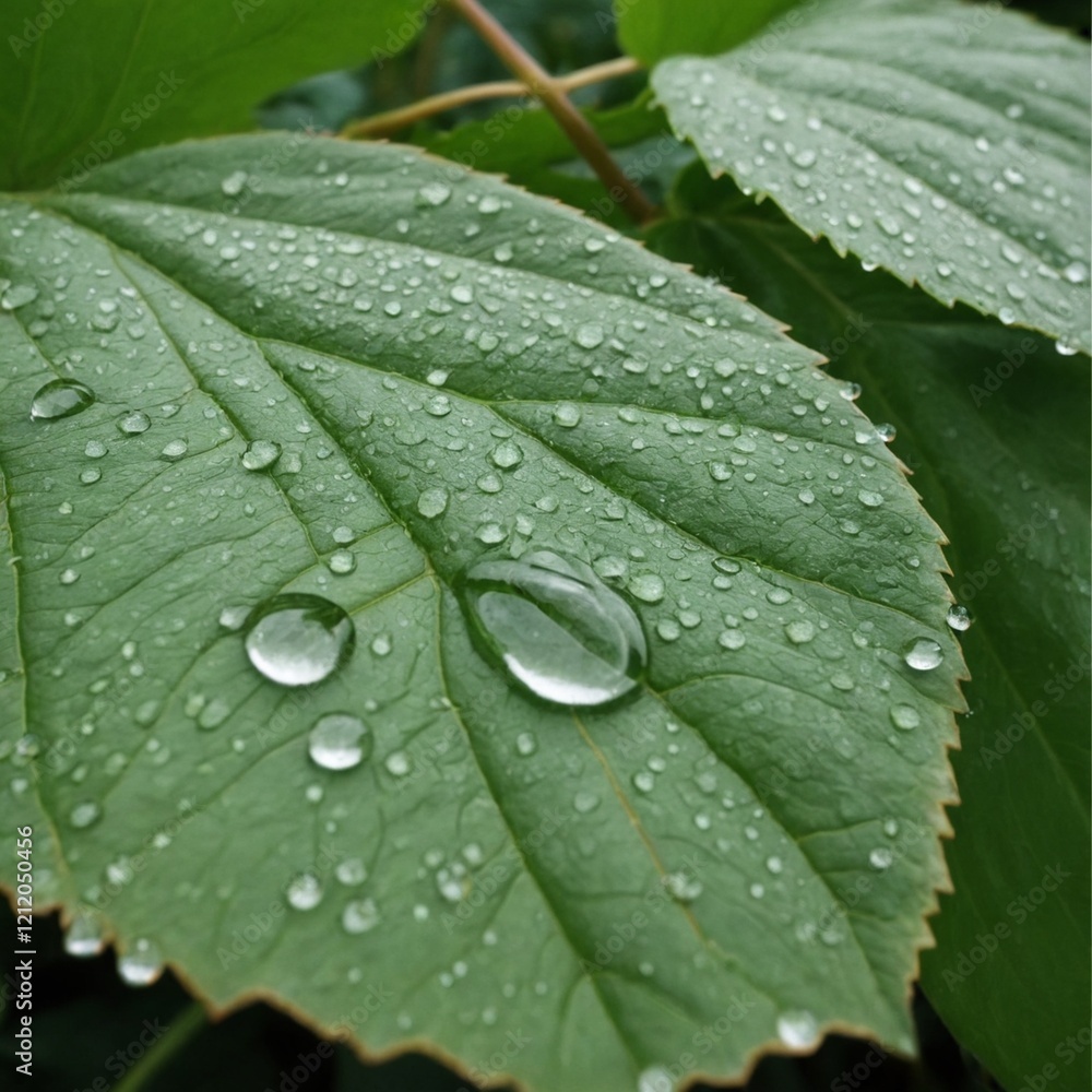 Fototapeta premium closeup of green leaf with water drops