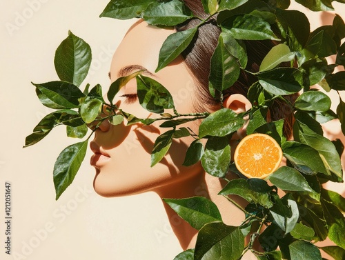 Citrus Blossom Beauty: A woman's face is partially obscured by vibrant green citrus leaves and a juicy orange slice, creating a captivating image that evokes natural beauty and freshness.  photo