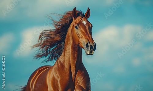 Chestnut stallion running  windblown mane  blue sky  field background. Equestrian stock photo