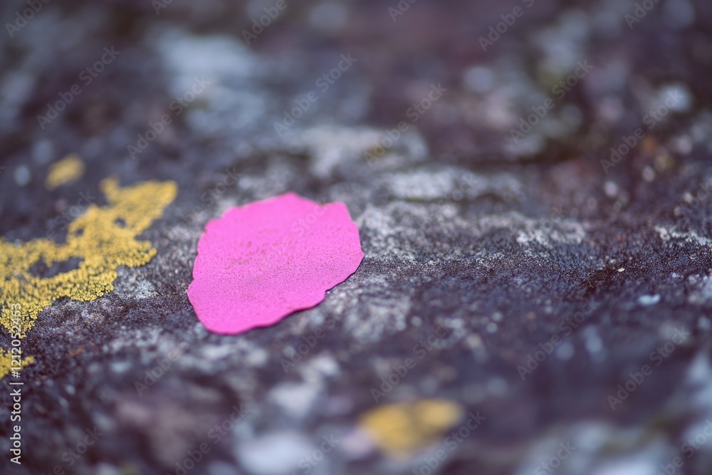 Fototapeta premium A single pink leaf rests on a rocky surface