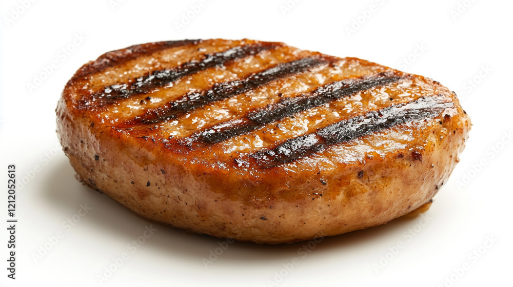 Grilled meat patty showcasing perfect grill marks against a clean white background Grilled meat patty showcasing perfect grill marks against a clean white background