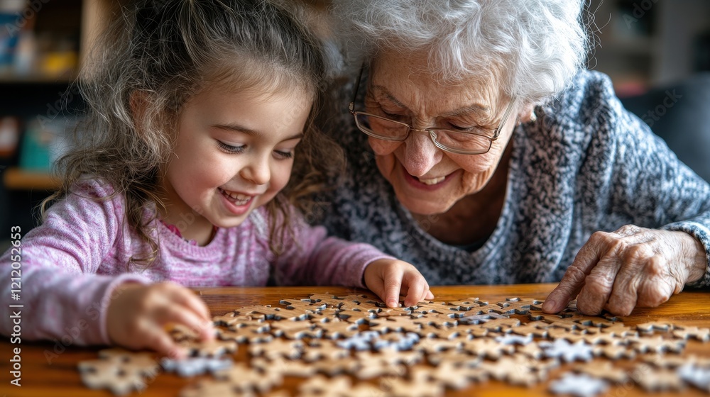 Child and Grandparent Working Together to Solve a Puzzle Child and Grandparent Working Together to Solve a Puzzle