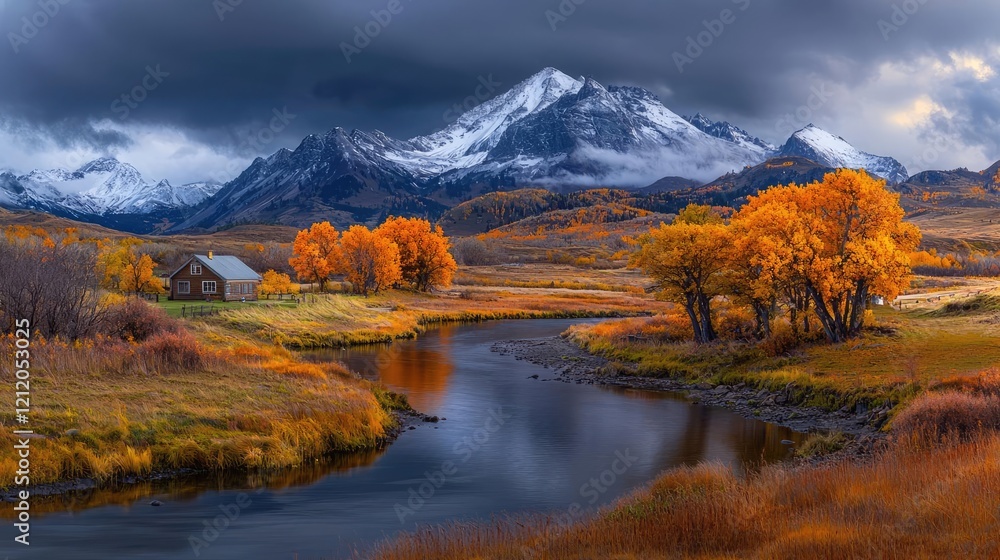 Fototapeta premium Winding river flows through an autumn valley with a rustic cabin and snow-capped mountains under a dramatic stormy sky.