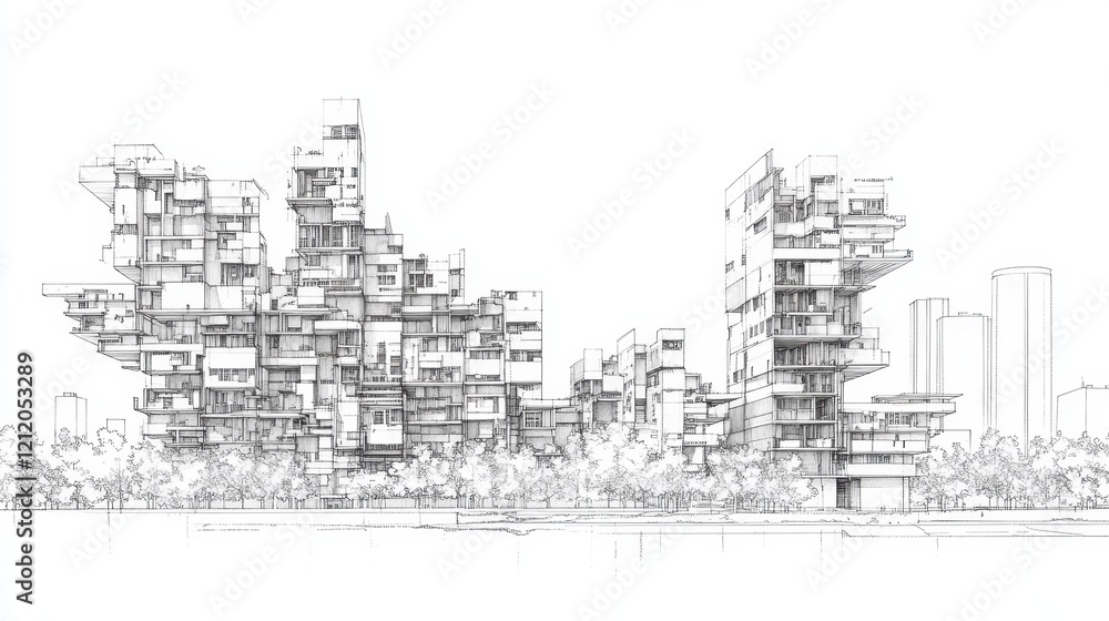 Striking Ink Drawing of Urban Cityscape with High Contrast Elements Striking Ink Drawing of Urban Cityscape with High Contrast Elements