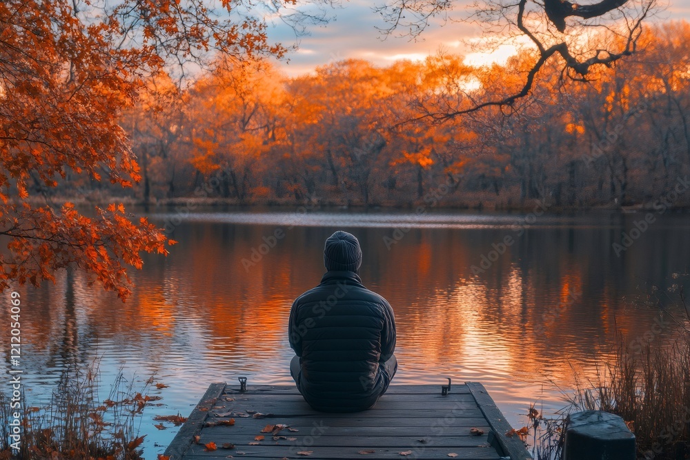 Obraz premium Man relaxing on wooden pier enjoying colorful autumn foliage reflecting on lake at sunset