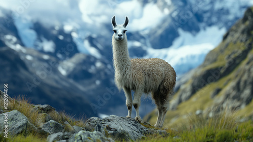 llama standing in the mountains with clouds photo