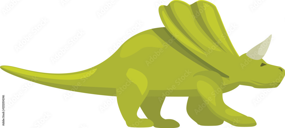 Fototapeta premium Side view of a walking green triceratops dinosaur, isolated on a white background, perfect for educational or prehistoric themed projects