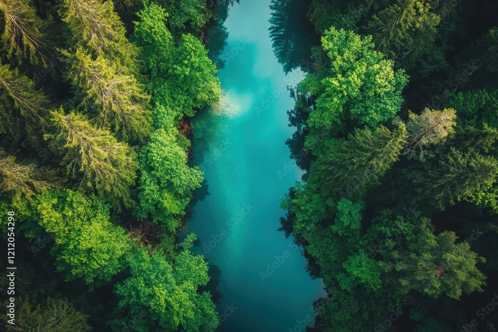 Fototapeta premium Top-down view of a dense tropical forest with a river cutting through, showcasing vibrant greenery and natural beauty,