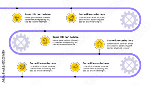 Infographic template. Purple line with 6 steps and gears