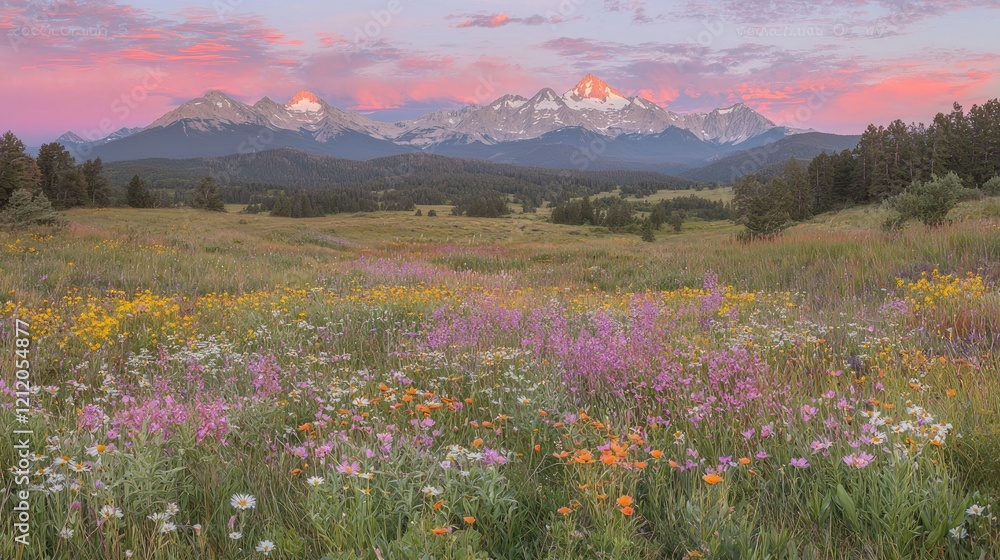 Obraz premium Sunrise illuminates wildflowers, mountains, and valley. Peaceful nature scene for travel brochures