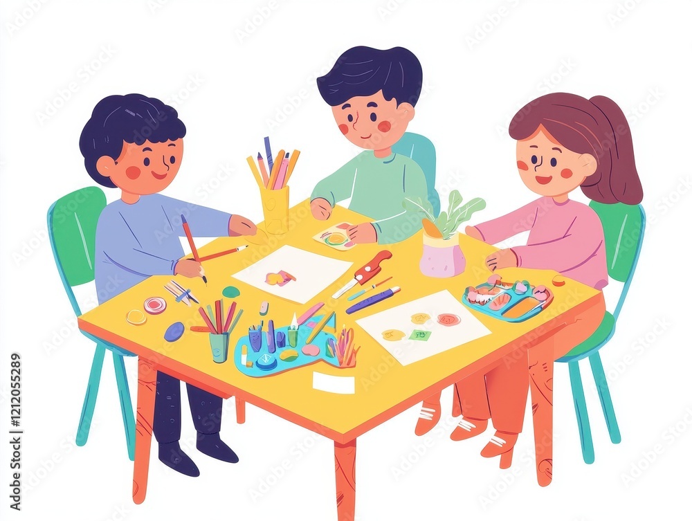 Kids Engaged in Colorful Arts and Crafts Activities at Table Kids Engaged in Colorful Arts and Crafts Activities at Table