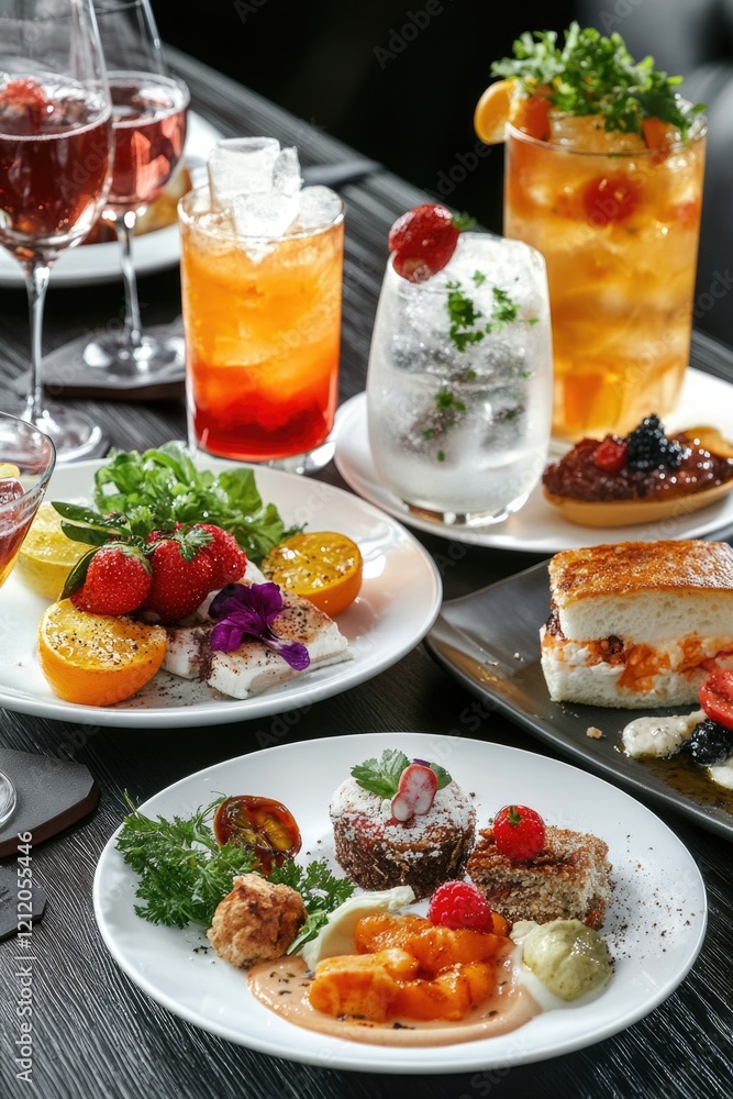A table set with plates of food and glasses of wine, perfect for dining or entertaining A table set with plates of food and glasses of wine, perfect for dining or entertaining