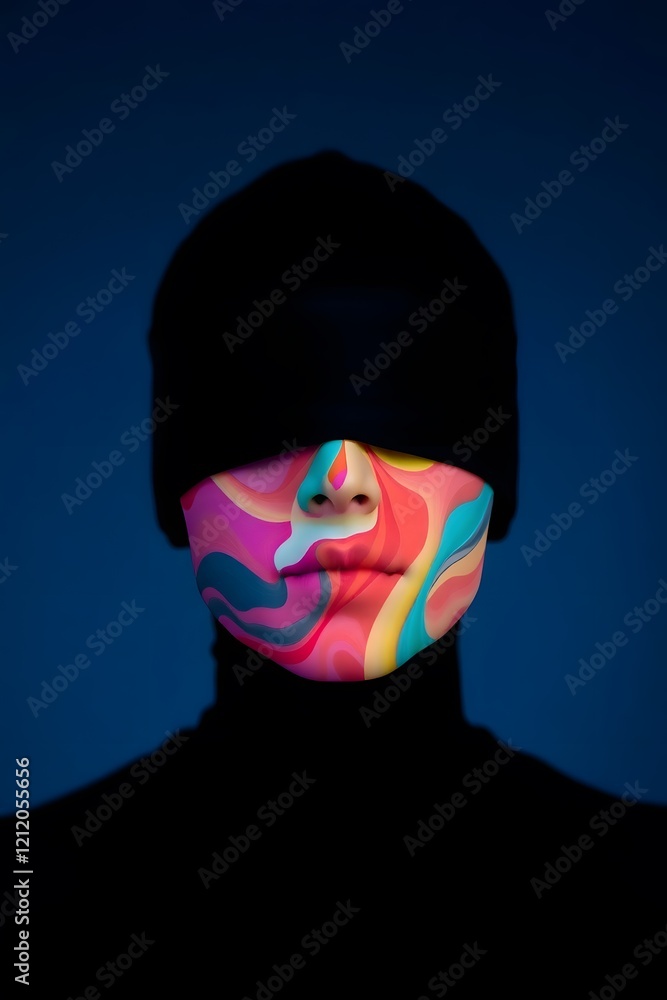 A blindfolded figure with a kaleidoscope of colors on their face.
A blindfolded figure with a kaleidoscope of colors on their face.