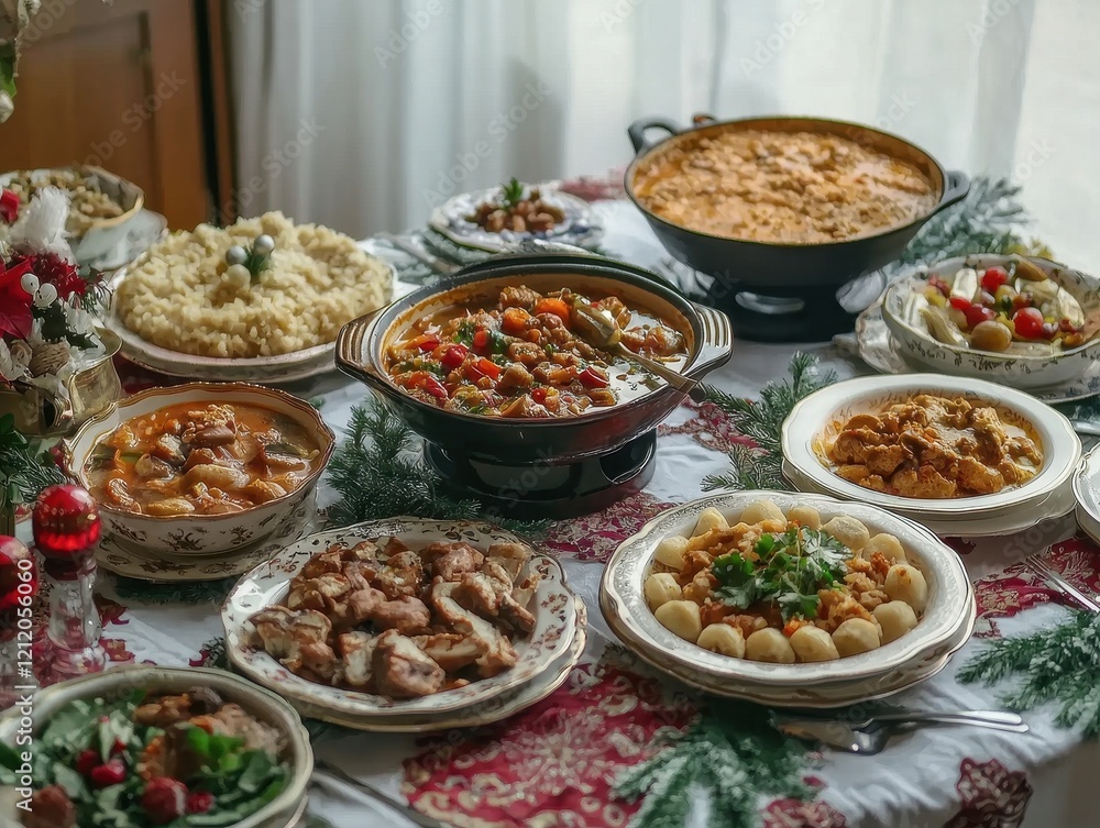 Traditional Winter Table Set with Dishes and Festive Decorations Traditional Winter Table Set with Dishes and Festive Decorations