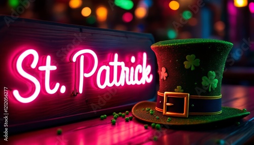 St. patrick's day celebration with green hat and neon lights photo