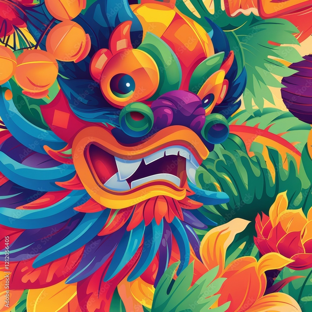 Fototapeta premium A colorful illustration of a dragon's face surrounded by tropical flowers and leaves.
