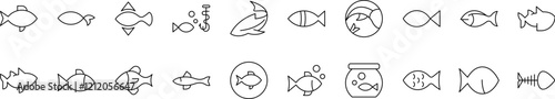 Fish Line Icon Pack. Outline Signs for Graphic and Web Design, Apps, Adverts, Various Cards