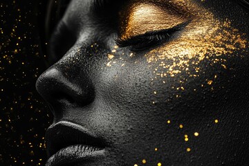 Fotobehang Zwart goud Modelgezicht met zwart goud oogschaduw  © Gatherina