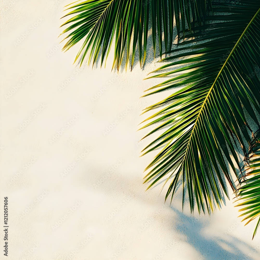 Fototapeta premium palm tree leaves on the side on the beach, clean, minimal on a large bright empty surface